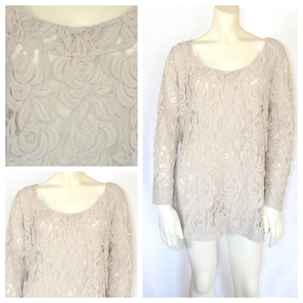 size M pullover Soft Surroundings beige/tan lace top blouse c-thru